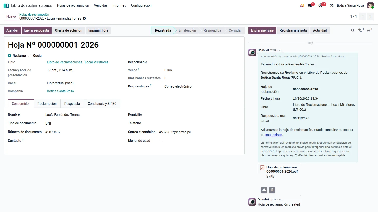 Pantalla de Odoo: Hoja de reclamación