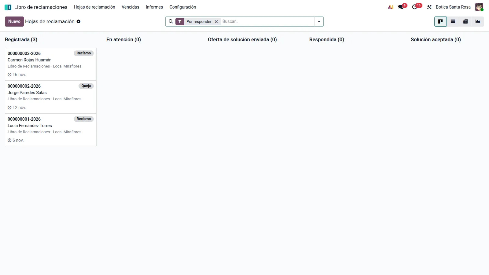 Pantalla de Odoo: Libro de reclamaciones